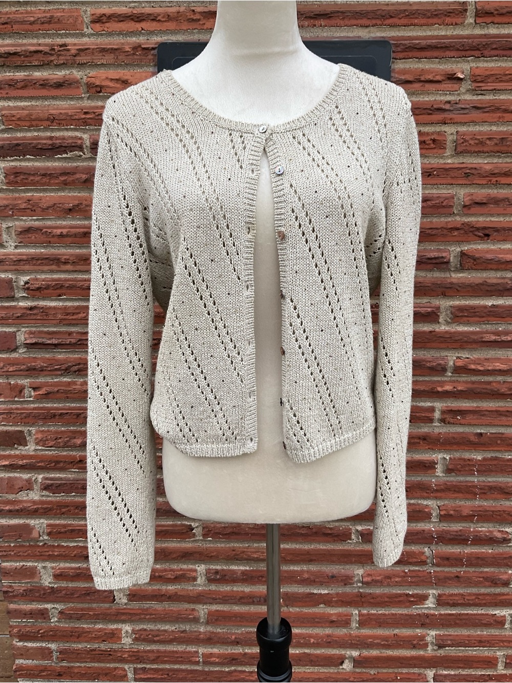 🐚Quiet Luxury Ann Taylor Cotton/Linen Cream & Gold Cardigan Med